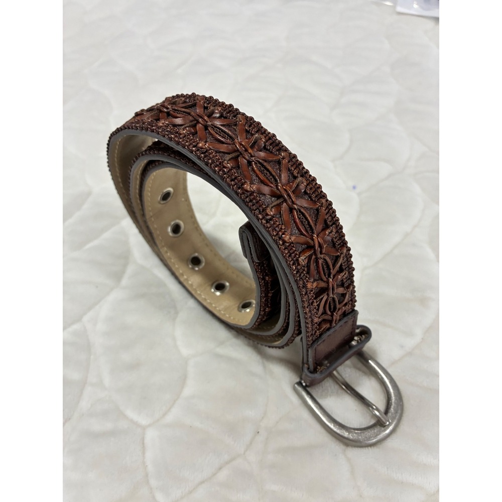 Vintage Mens Brown Embossed Belt XL Extra Large Silver Buckle Western Style